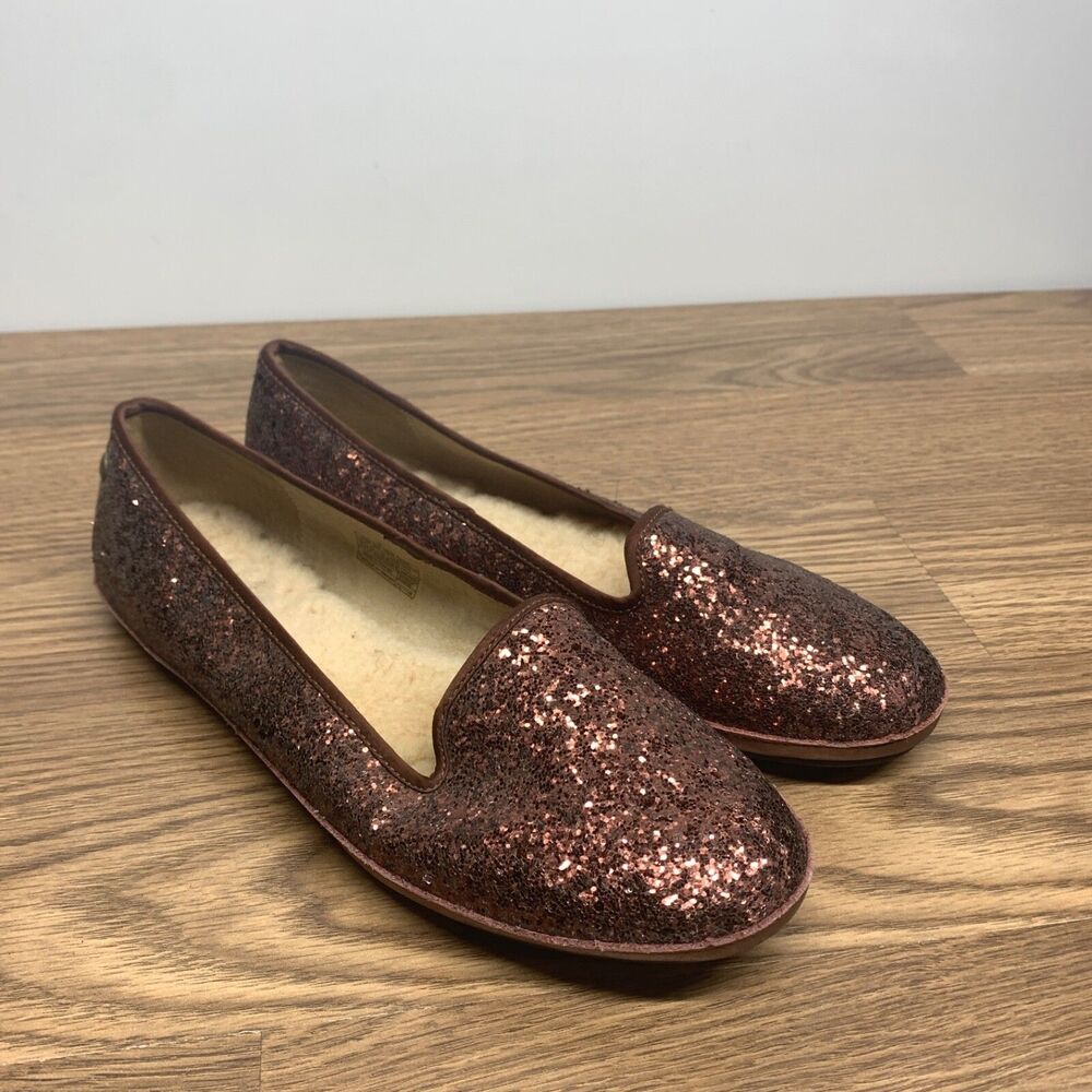 UGG Women's Brown/Maroon Glitter  Slip On Loafers Flats Sheepskin Lined Size 8.5